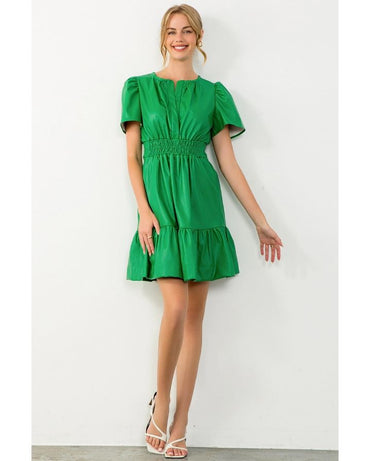 SMOCKED WAIST LEATHER DRESS