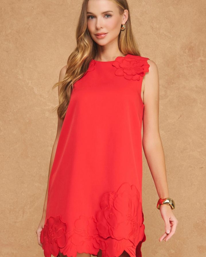 3D FLORAL APPLIQUE SLEEVELESS SHIFT MINI DRESS