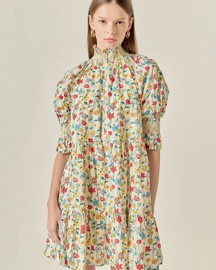 SMOCKED PUFF SLEEVES MINI DRESS