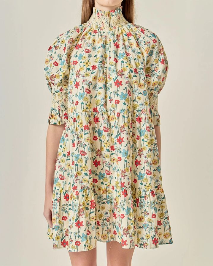SMOCKED PUFF SLEEVES MINI DRESS