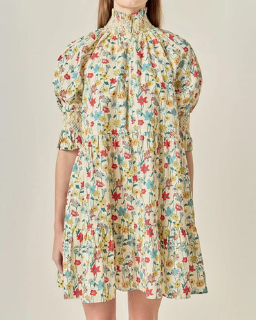 SMOCKED PUFF SLEEVES MINI DRESS