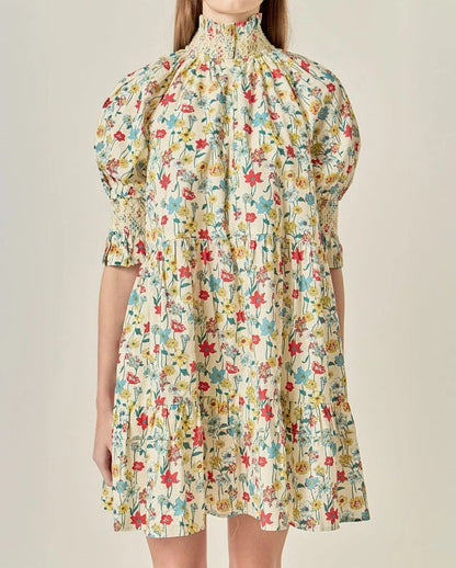 SMOCKED PUFF SLEEVES MINI DRESS