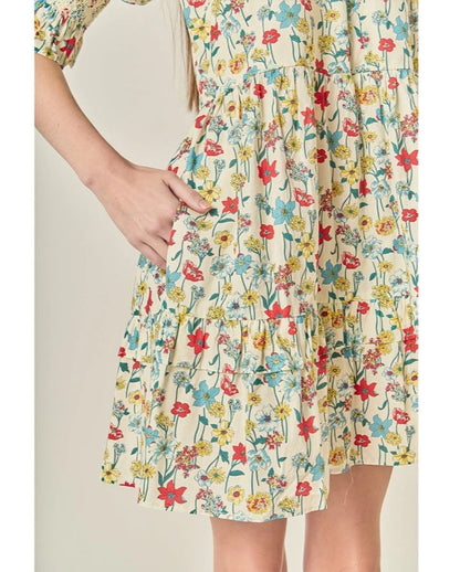 SMOCKED PUFF SLEEVES MINI DRESS