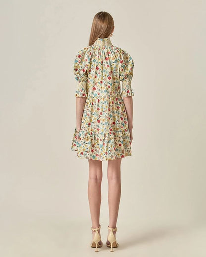SMOCKED PUFF SLEEVES MINI DRESS