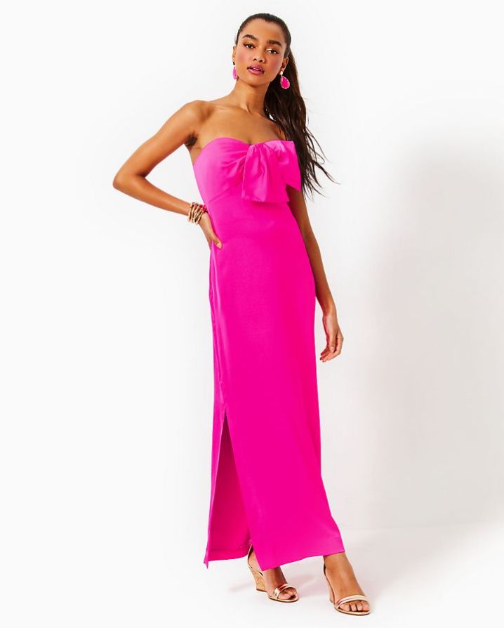 Fabulous Intentions Hot Pink Satin Strapless Bow Maxi Dress